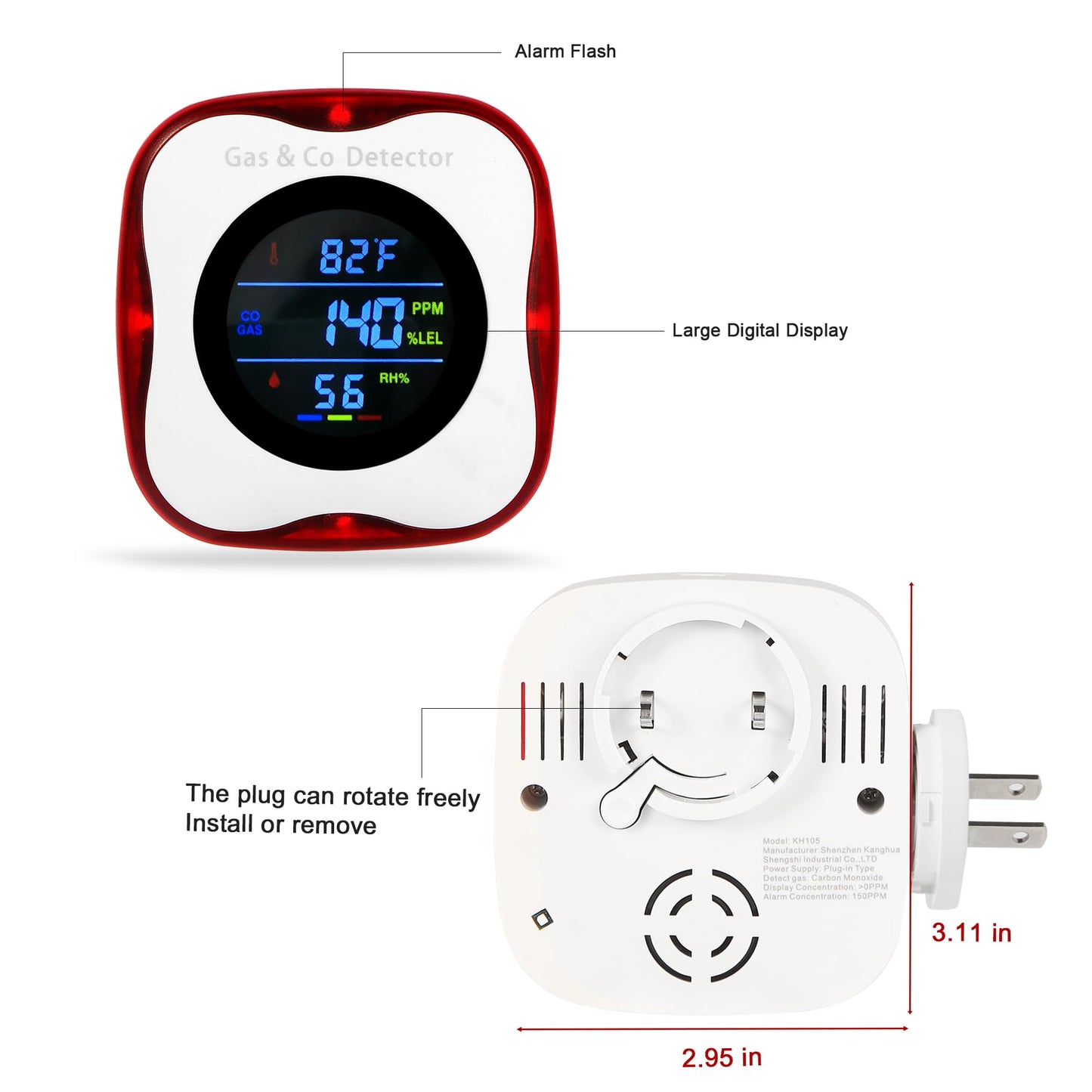 Plug in Gas & Carbon Monoxide Detector,4-in-1 Natural Gas Leak Detector,Carbon Monoxide Alarm,°F&Humidity,Combination CO & Propane Detector for Home,RV