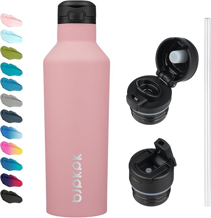 BJPKPK Insulated Water Bottle With Straw 25oz Stainless Steel Water Bottles With 2 Lids And Carry Handle Reusable Travel Metal Thermal Flask,Light Pink