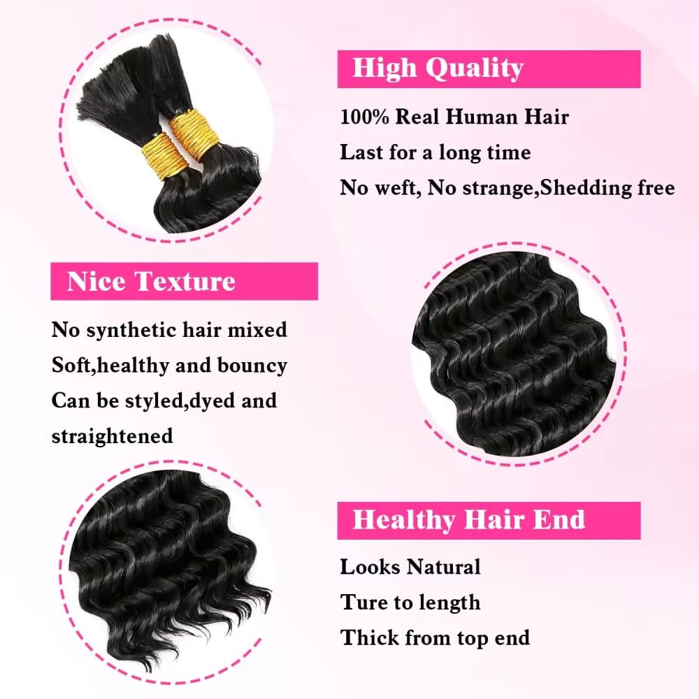 Human Braiding Hair for Boho Braids 18 Inch 100g/pack 2 Bundles Deep Wave Bulk Bundles 100% Unprocessed Curly Micro Human Hair B