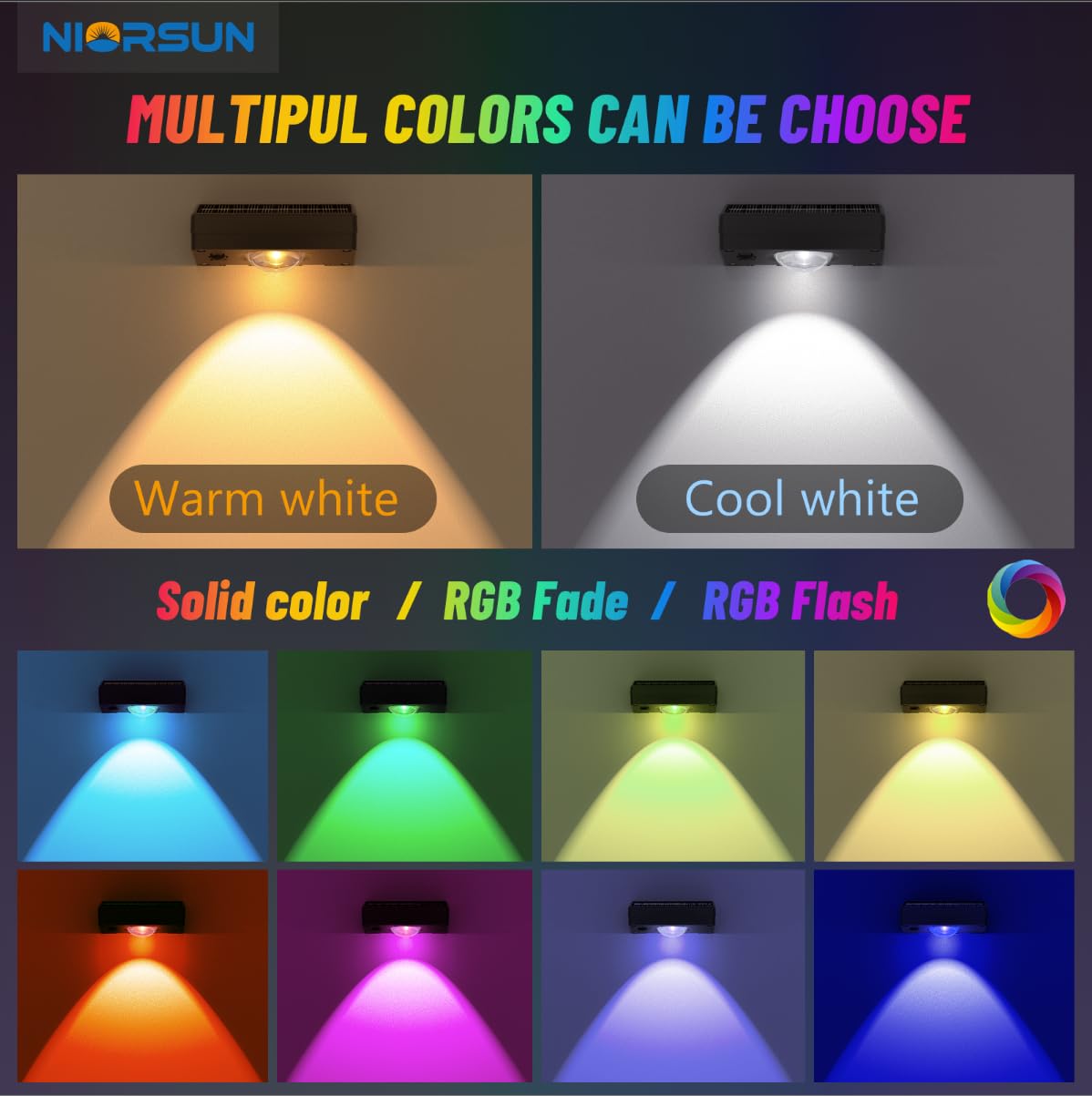 Niorsun Solar Fence Lights Outdoor Waterproof Warm & Cool White Rgb 8 Pack Led Spot Lens Deck Lights 9 Mode Solar Powered Wall Lighting Decor For Outside Patio Step Backyard Railing Pool Black