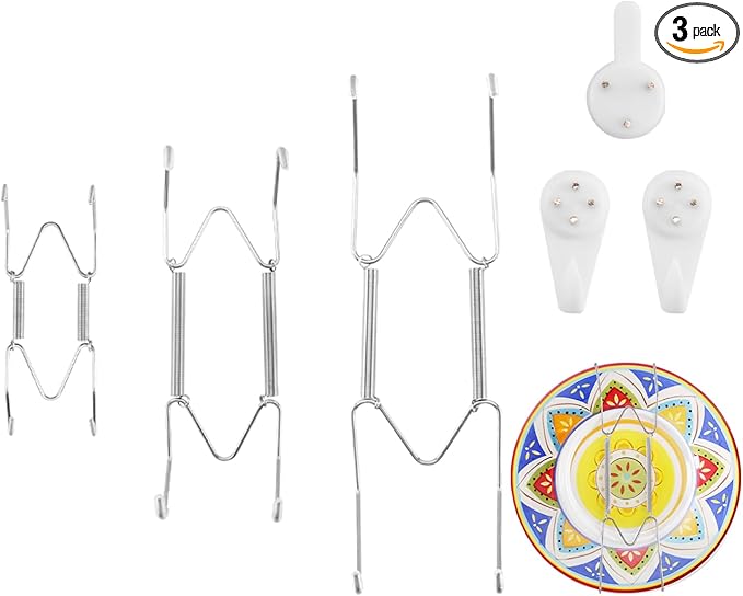 3 Pack 4/6/8 Inch Decorative Plate Medium Plate Hangers for The Wall, Invisible Stainless Steel Plate Wall Hangers for Display with Wall Hooks, for Plates/ Platter/Dish/Picture （Silver）