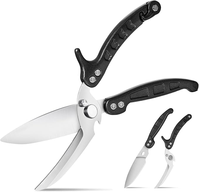 Heavy Duty Kitchen Shears, Detachable Poultry Shears with Serrated Edge, Spring-Loaded Stainless Steel Chef Scissors Cutting Bone, Chicken, Fish, Food, Meat, Black Full Steel Handle