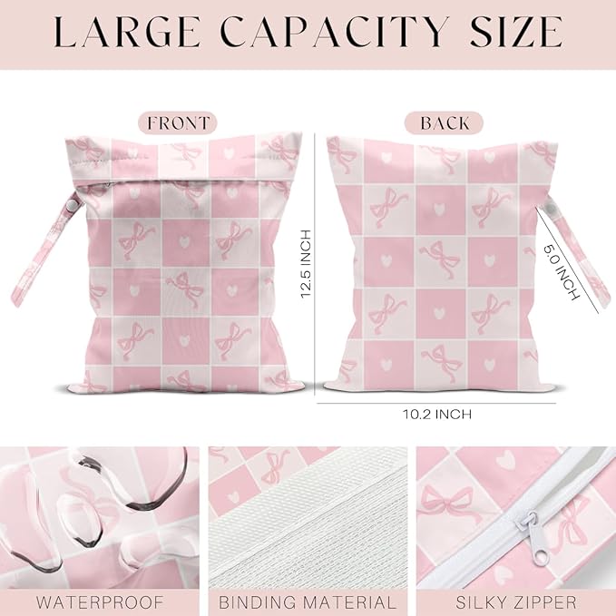 Wet Bag for Swimsuit, Beach Travel Essentials Wet Dry Bag, for Sunscreen Toiletry Dirty Clothes Yoga Gym Diaper, Friends Summer Beach Vacation Gifts. Pink plaid bow