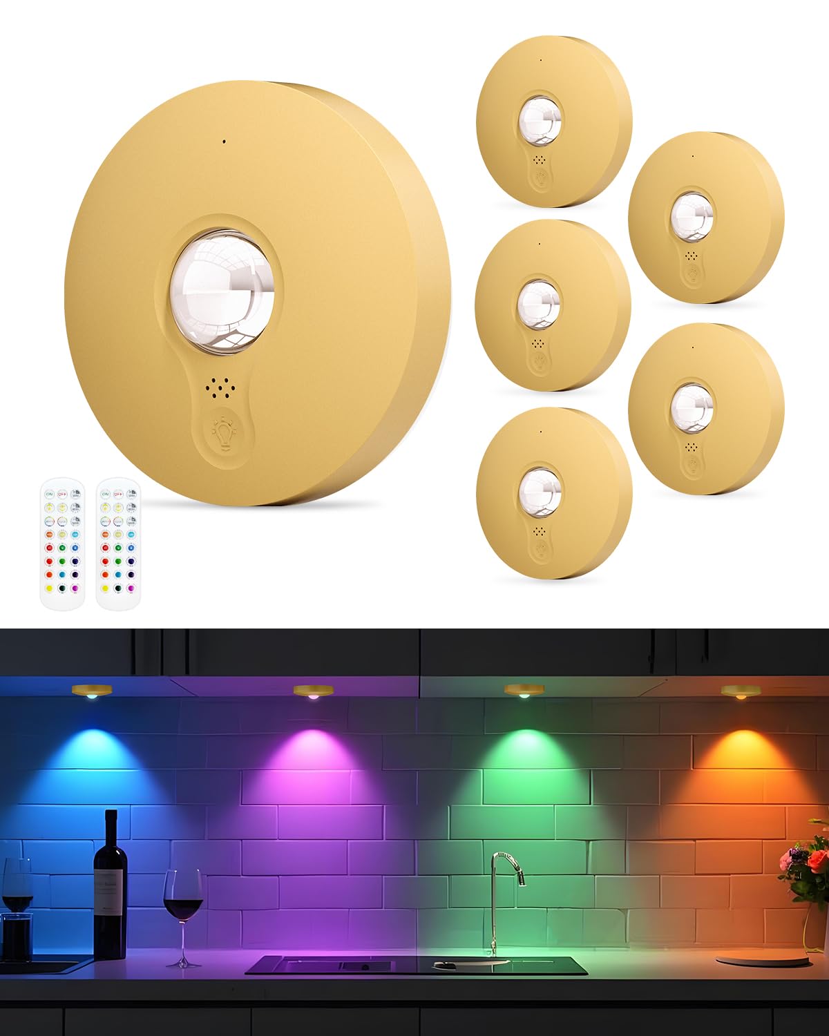 Aokpsrt Rechargeable RGB Puck Lights, Remote Control, Dimmable, 6 Packs, Gold, Battery Operated, Plastic