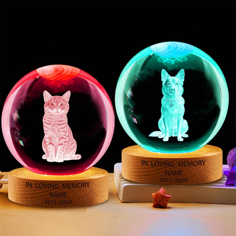 Personalized Cat Pet Photo Memorial Crystal Night Light Gift for Women, Custom Photo Picture Cat Pet 3D Memorial Crystal Ball Night Light Lamp for Bedroom Room Decor Party Bar Pet