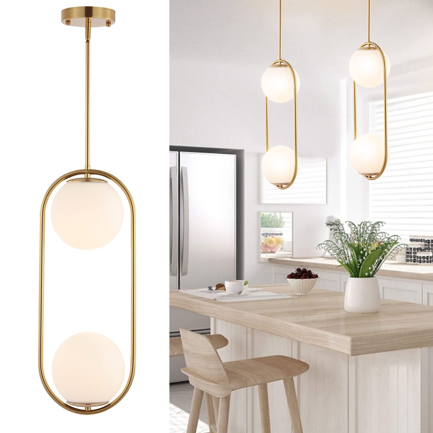 BYOLIIMA Modern Gold Globe Chandelier 2-Lights Mid Century Pendant Light Brushed Brass Ceiling Hanging Lighting Fixture with Whi