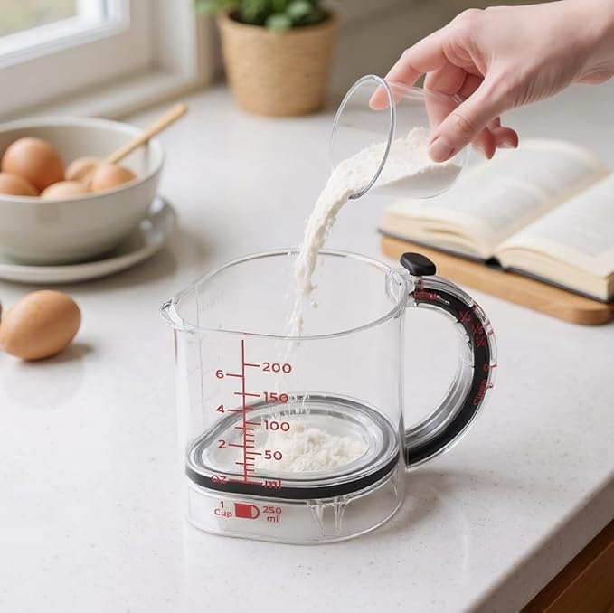 4-in-1 Adjustable Measuring Cup with Scraper Lid & Push-Up Base, Multi-function 1 Tbsp to 1 Cup Kitchen Tool for Sticky Ingredients, Baking & Cooking, Space Saving Design (Size Options) (2)