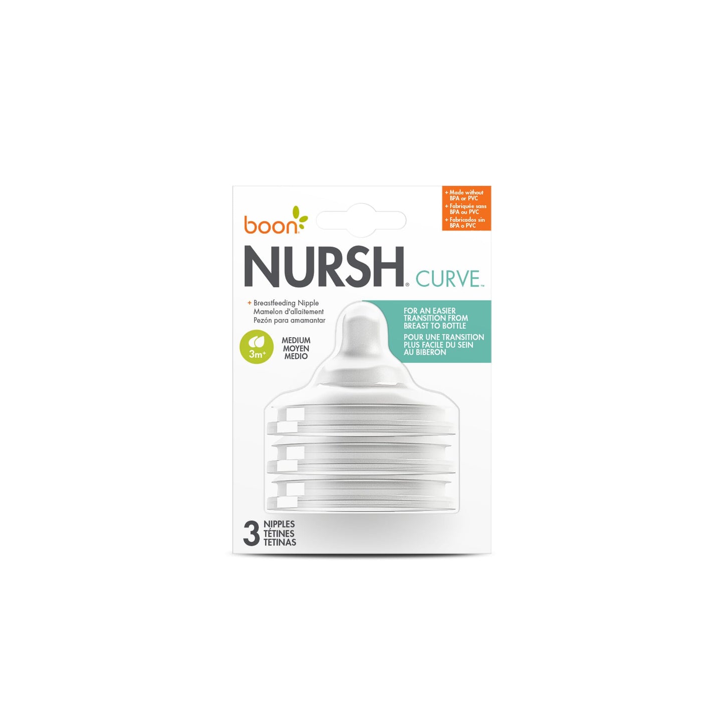 Boon Nursh Curve Silicone Baby Bottle Nipples - Platinum Food-Safe Silicone Bottle Nipples – Medium Flow Nipples for Baby Bottles - Baby Bottle-Feeding Supplies - 3 Count (Pack of 2)