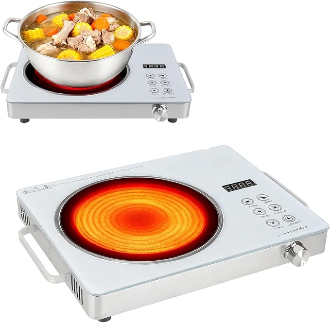 Infrared Electric Cooktop, 3500W Ceramic Single Hot Plates for Countertop, 12 Power Levels 0-3H Timer, Portable Handle, LED Display, Portable Stove for Home RV Camping(White)