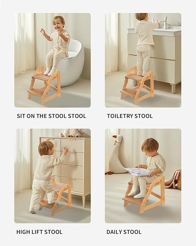 Wooden Step Stool for Kids, Adjustable Toddlers Two Step Stool Wood for Bathroom Kitchen, Non-Slip Beside Stepping Stool with 200 lbs Capacity (Natural Pine)
