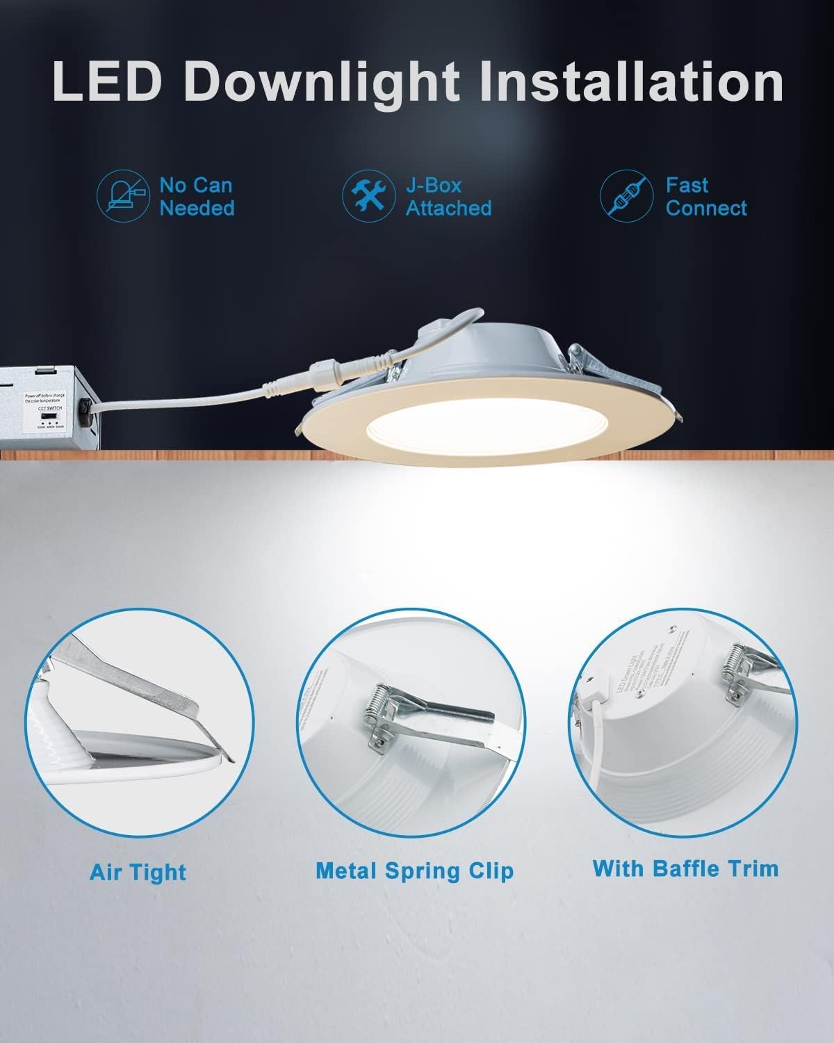 Lightdot 12W Dimmable LED Downlight 3CCT Selectable, 6 Inch, White, Model LRC-07, Fixed 6 Pack