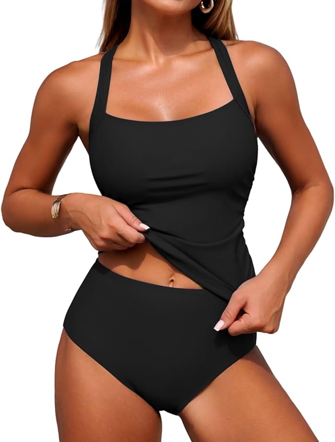 ZAFUL Women's Tankini Swimsuits Tummy Control Swimwear Two Piece Bathing Suits Swim Top with High Waisted Bottom