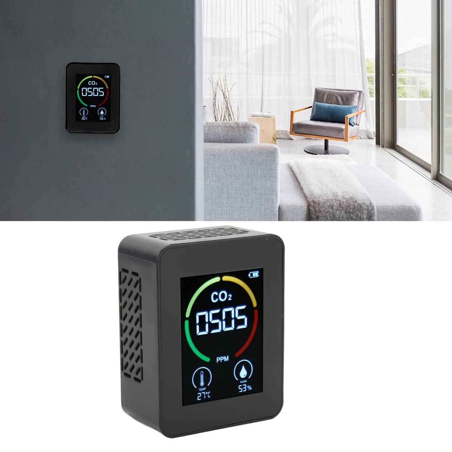 Carbon Dioxide Monitor, Infrared Sensor Ventilation Hole Temperature Humidity Testing Good Heat Dissipation CO2 Detector for Schools (Black)