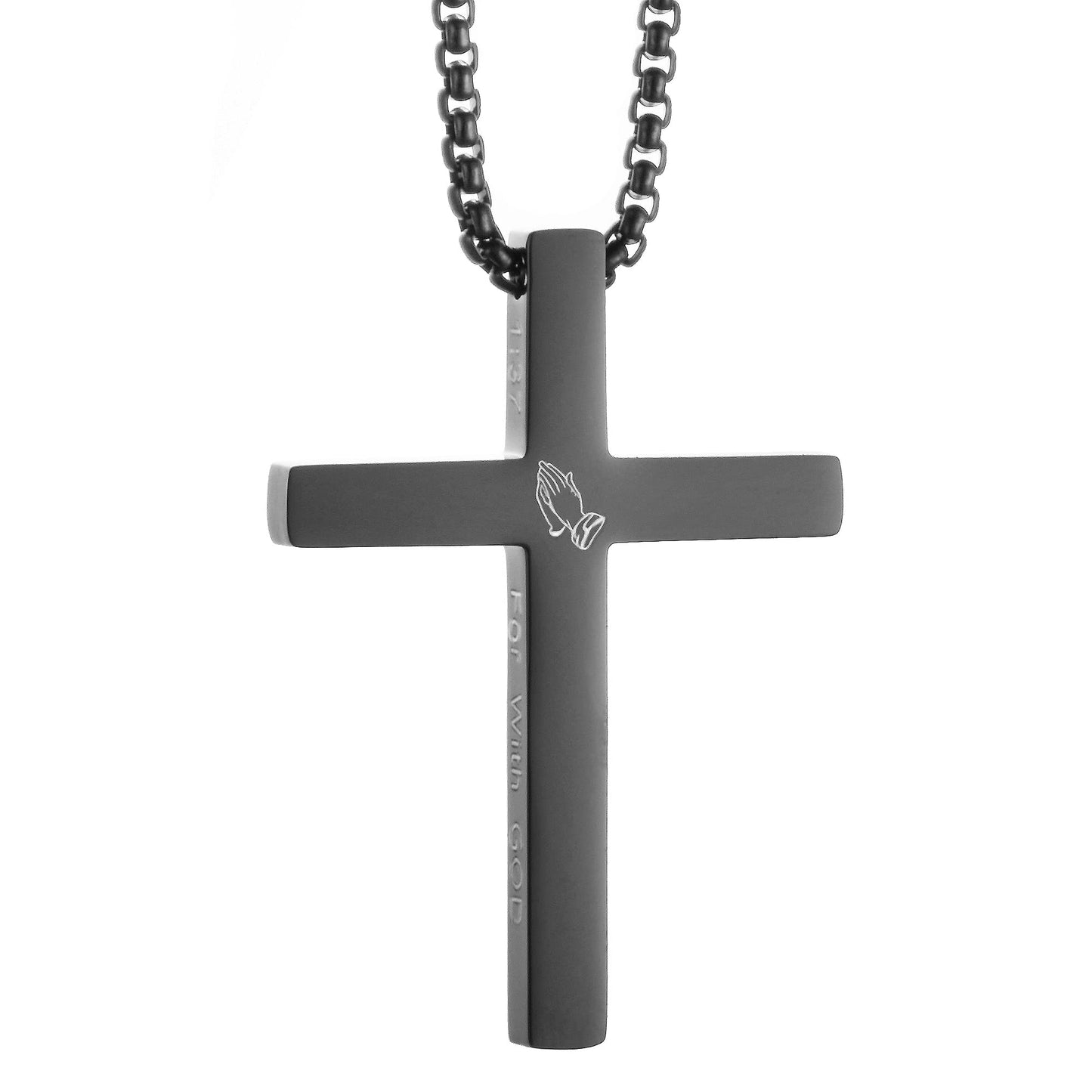 KouGeMou Black Cross Necklace Crucifix Bible Verse Jesus Cross Stainless Steel Catholic Pendant Jewelry with 23' Chain