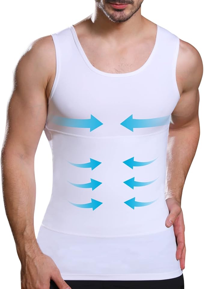Mens Slimming Compression Shirt, Body Shaper Workout Tank Top, Gynecomastia Tummy Control Undershirts - Change in Seconds