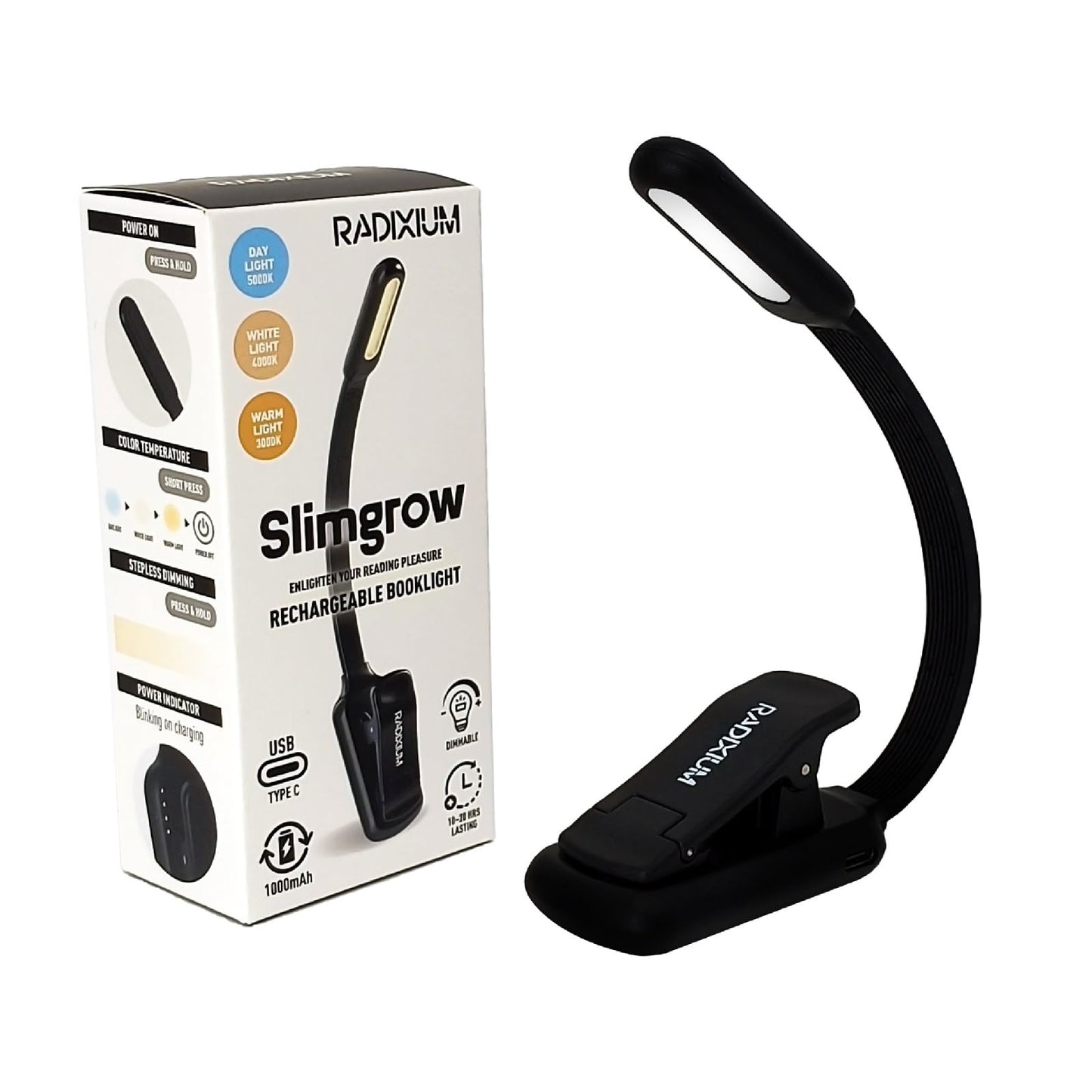 Radixium Rechargeable Book Light For Reading - 9Led Eye-Caring Clip Light W/ 9 Color Temp  Stepless Dimming  50H Battery  Usb-C  Ultra Slim - Gift For Book Lovers (Black)