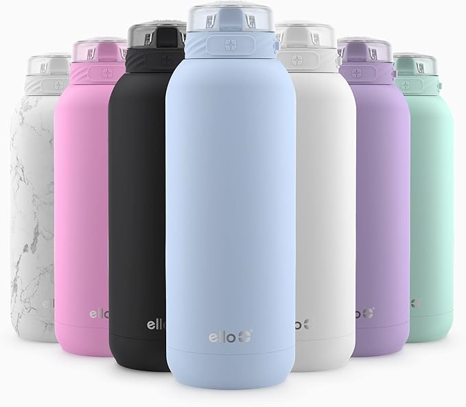 Ello Cooper 40oz Stainless Steel Water Bottle with Straw and Carry Handle, Double Walled and Vacuum Insulated Metal, Leak Proof Locking Lid with Soft Silicone Spout, Reusable, BPA Free, Yucca