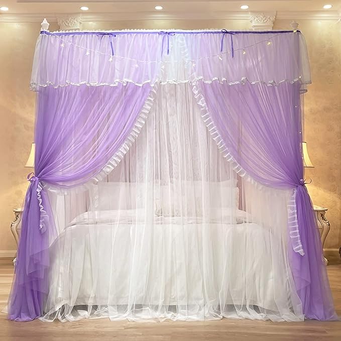 Mengersi Canopy Bed Curtains with Lights,4 Corner Bed Canopy Royal Luxurious Bed Drapes Netting,Princess Bed Curtains for Girls Adults Bedroom Decoration (Purple, Full)
