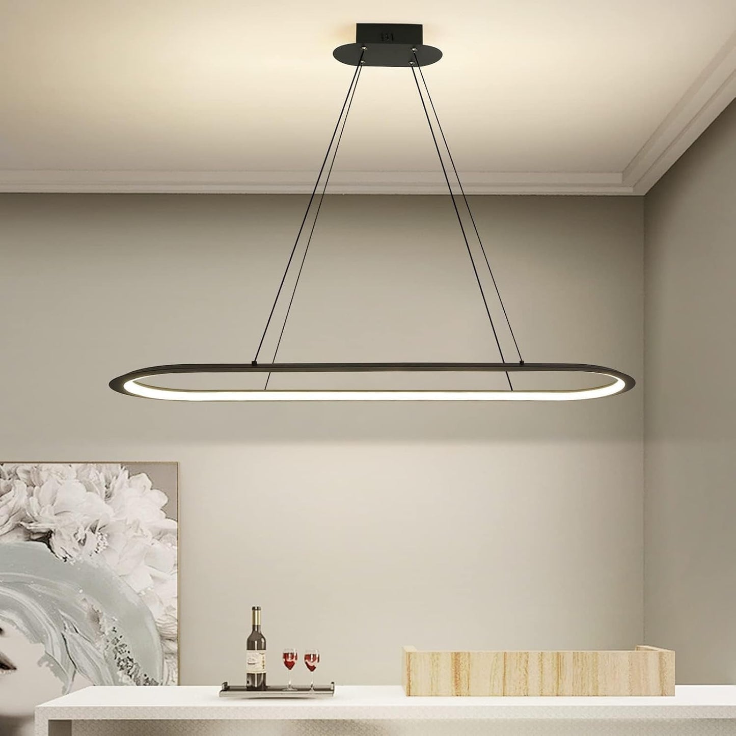 Island Lights, Linear Pendant Light LED Dimmable Hanging Light Fixture, 3000K-6500K with Remote Control,Chandeliers for Dining Room(Black,39.3IN)