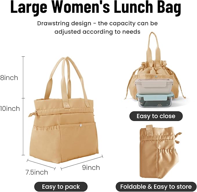 Lunch Bag for Women Men Reusable Drawstring Insulated Lunch Box Stain-Resistant Large Lunch Bags Perfect for Work Picnic Brown