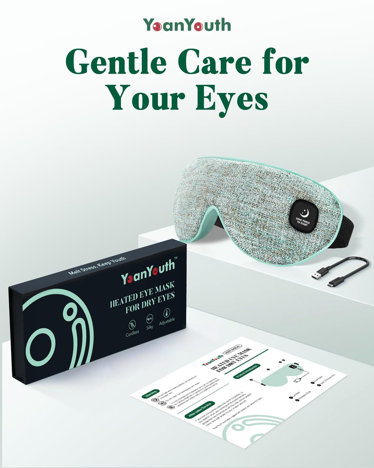 YoanYouth Heated Eye Mask for Dry Eyes, FSA Eligible HSA, Cordless Warm Compress for Eyes, Light Blocking Eye Heating Pad, Styes, Sleep, Cover Washable, Rechargeable, Light Blue
