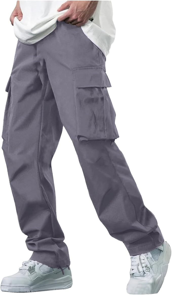 Casual Cargo Pants for Men Workout Adjustable Waistband Hiking Athletic Pants Loose Baggy Straight Leg Breathable Trousers
