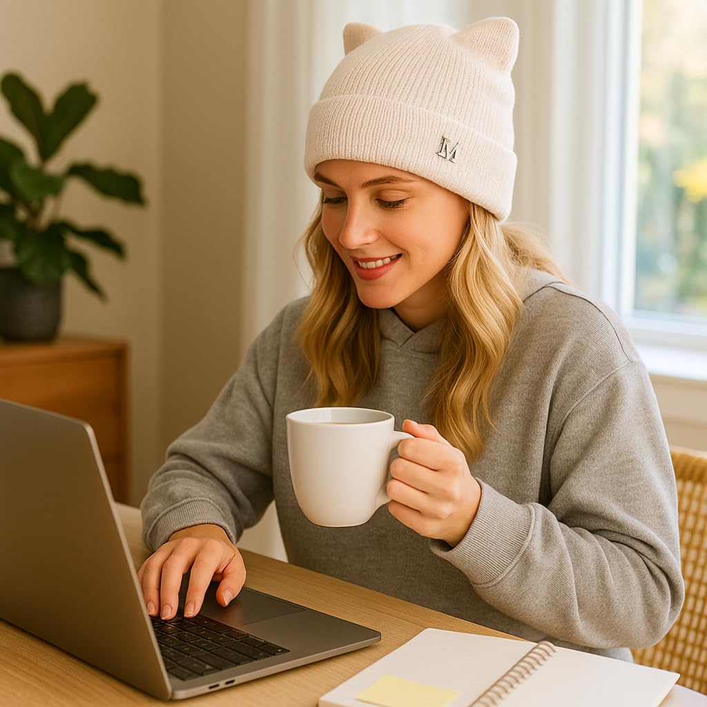 LUCKYBUNNY Cat Ear Beanie for Women Girls, Autumn Winter Knit Cuff Beanie Hip Hop Beanie Hat Cat Crochet Ski Cap White
