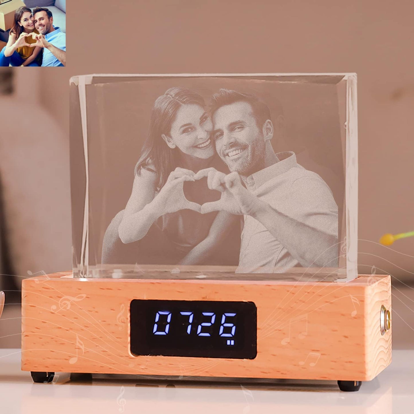 Personalized Custom Photo Creative Gift Decoration Luminous Crystal Bluetooth Music Box with Clock Display to Send Girlfriends and Friends Anniversary Wedding Gifts