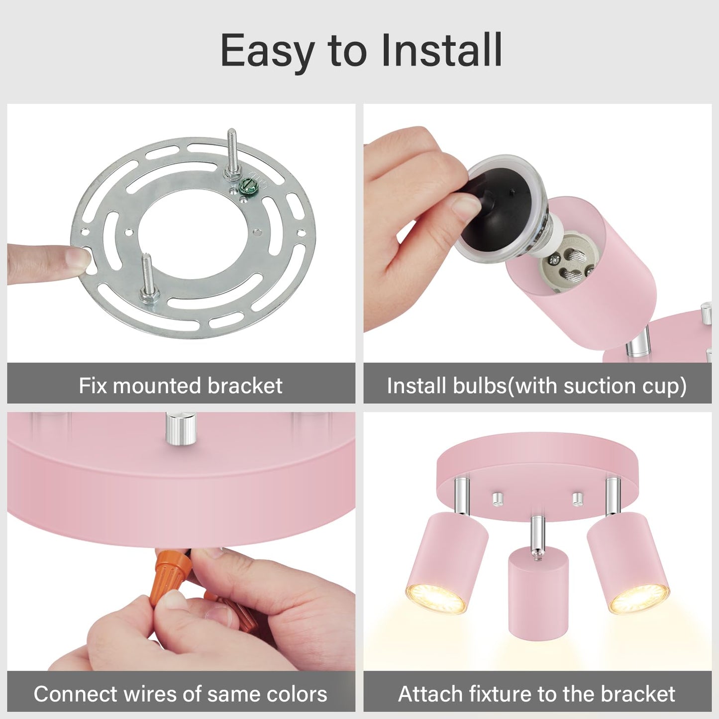 Bricosmocon 3 Light Track Lighting Fixtures Ceiling  Pink Round Directional Spotlight Fixtures  Gu10 Flush Mount Ceiling Fixture  Adjustable Modern Led Track Light For GirlS Room  Bulb Not Included