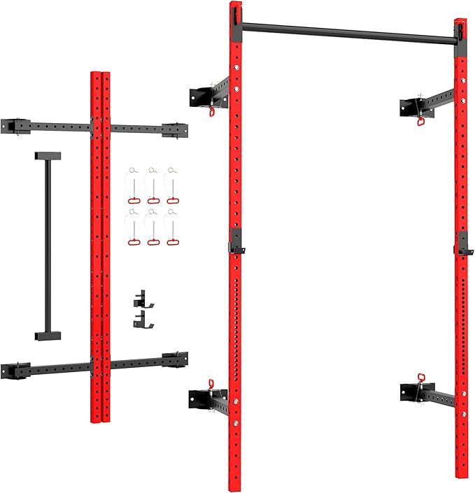 Soozier Folding Squat Rack with Adjustable Pull-Up Bar, 1000 Pounds Capacity Wall Mounted Power Rack, Adjustable Barbell R...