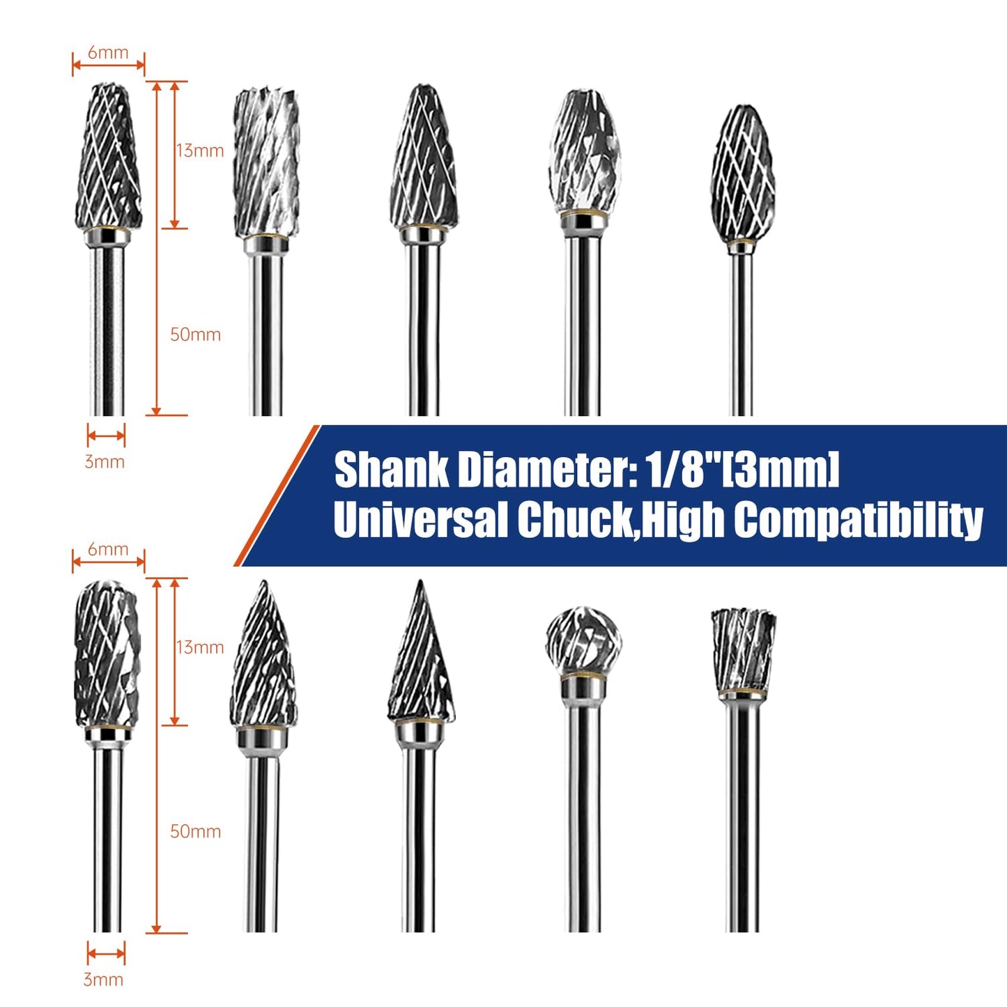10Pcs Carbide Burr Bits Set Compatible with Dremel 1/8", Rotary Tool Bits with Double-Cut Design, Die Grinder Bits Accessories-for Metal Aluminum Wood-Stone Steel PlasticCarving Cutting Grinding