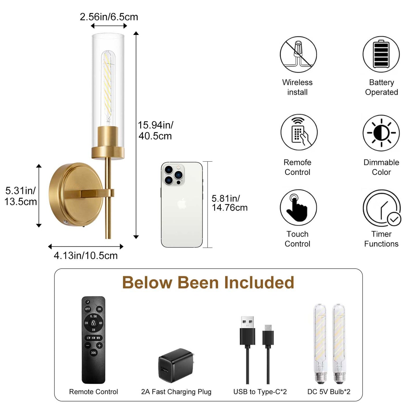 Loiogohot Battery Operated Wall Sconce, Gold, Dual Color Temperature, 8000mAh, Model WL-BN1124-GD-Two Color