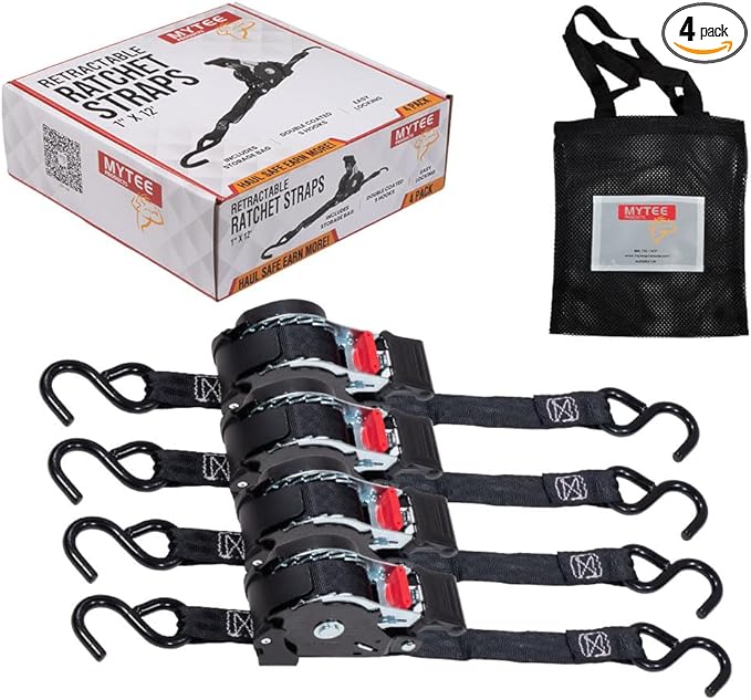 Mytee Products 4 Auto Retract NO-RATCHETING Ratchet Straps | 1" x 12' Retractable Ratchet Straps with Coated S Hook Tiedow...