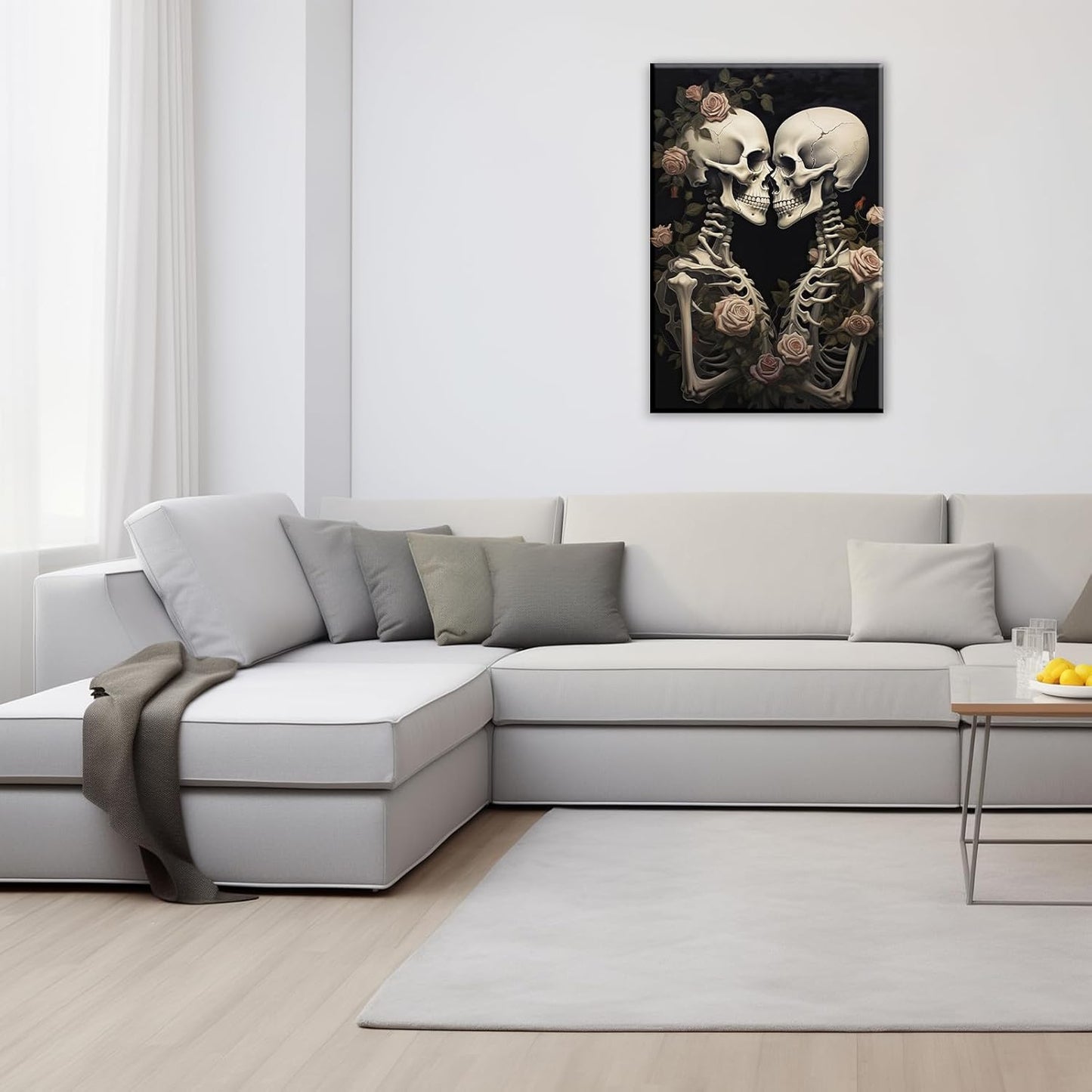 OAAPITI Vintage Skeleton Canvas Wall Art Gothic Painting Artwork Retro Rose Skull Art Poster Abstract Romantic Theme Picture Halloween Living Room Decor(Artwork-4,16"x24")