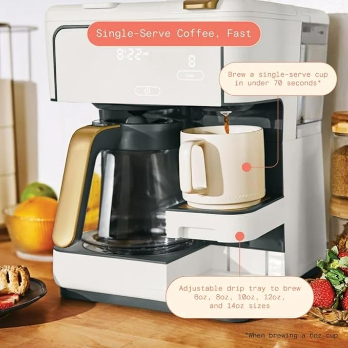 Beautiful by Drew Barrymore Multi-Brew Coffee Maker, 12-Cup Carafe + Single-Serve, Pods or Grounds, Over Ice, Touch Display. (White Icing)