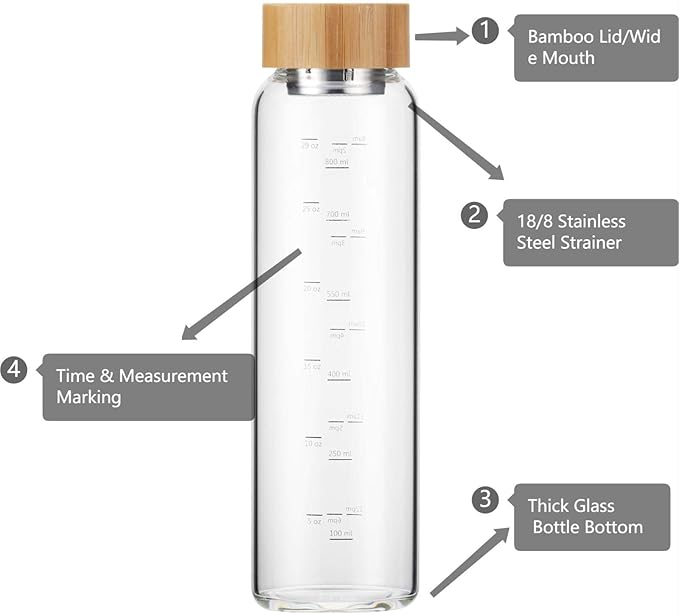 Glass Water Bottle 32 oz Wide Mouth with Sleeve Bamboo Lid Motivational Water Bottle With Time Marker Reusable Safe for Hot Cold Drinks Bpa Free (Gray)