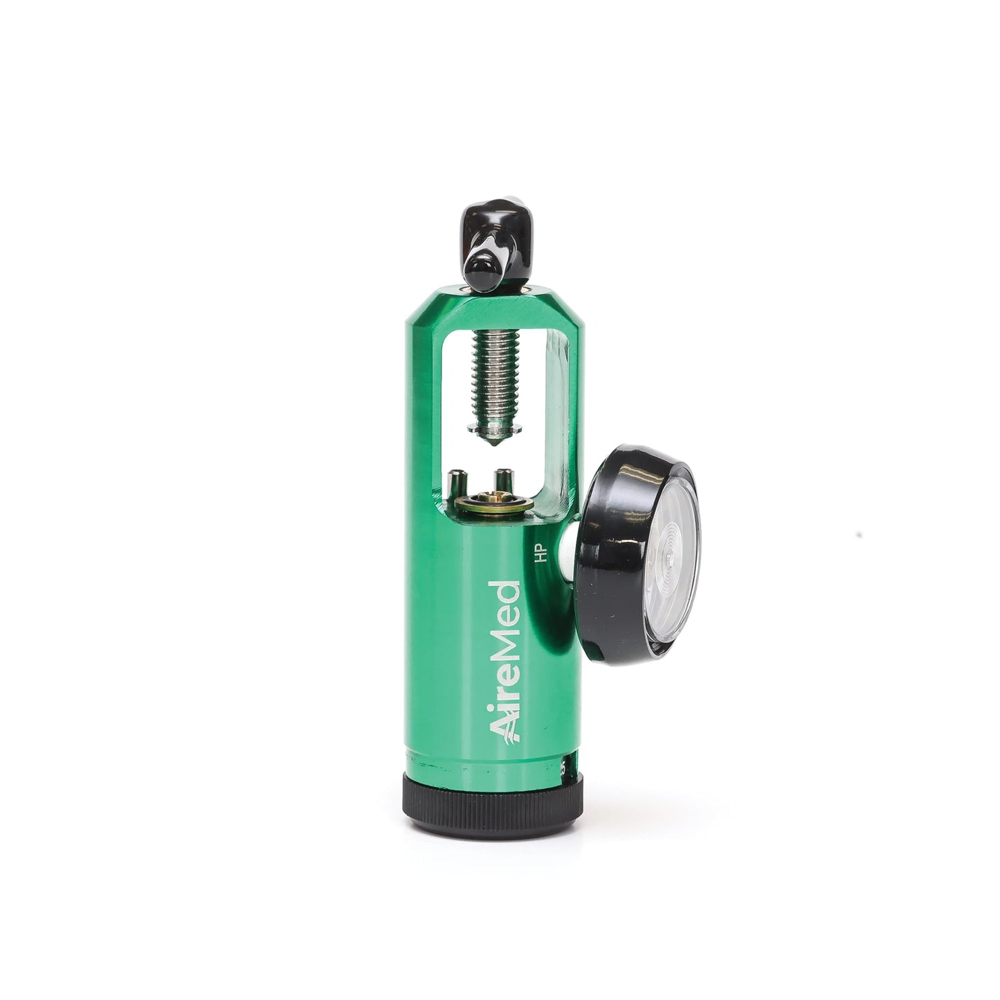 AireMed Oxygen Regulator 0-25LPM, CGA-870 Gauge Flow Rate – Includes Wrench Key, 5 Brass Yoke Washer Seals, and 2 Oxygen Tubing Swivel Connectors - Ergonomic Handle Design - Green