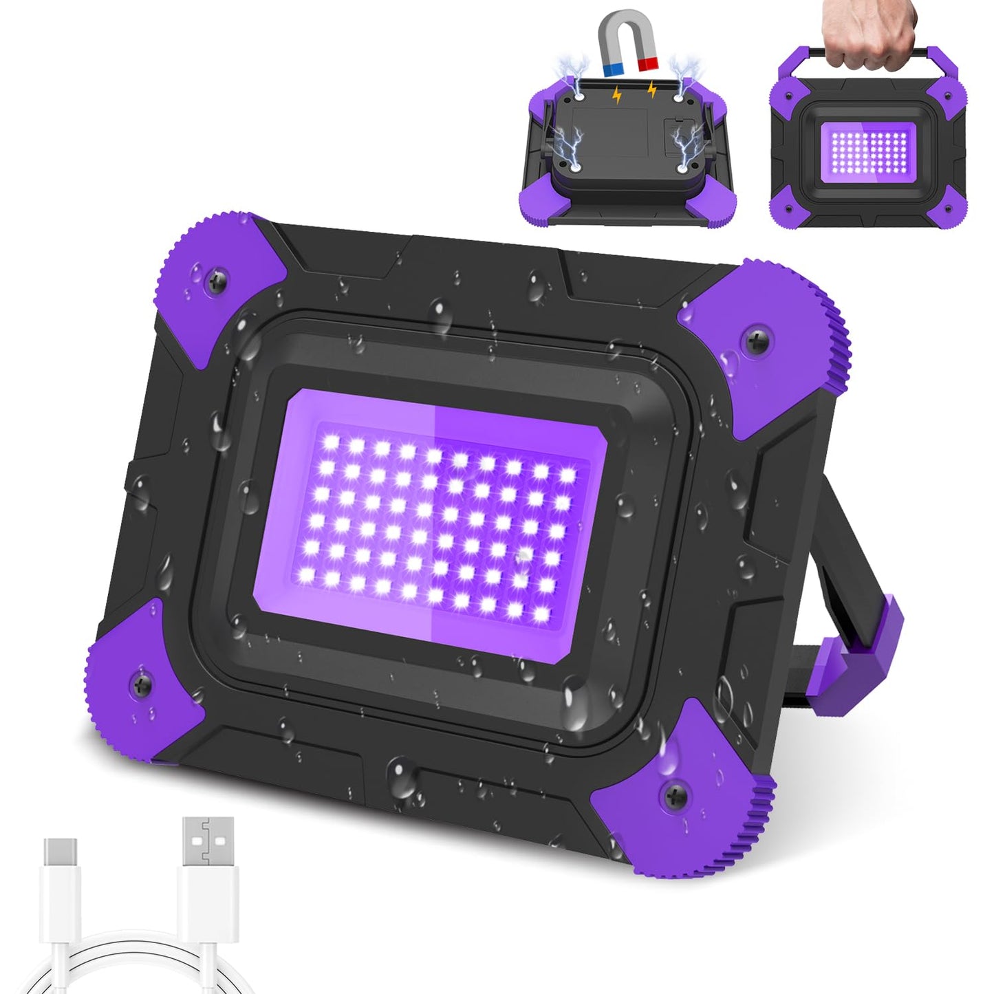 T-Sun Rechargeable Black Light, 405Nm Uv Flood Light, Waterproof, 1-Pack, Black, Model F0220-Pp