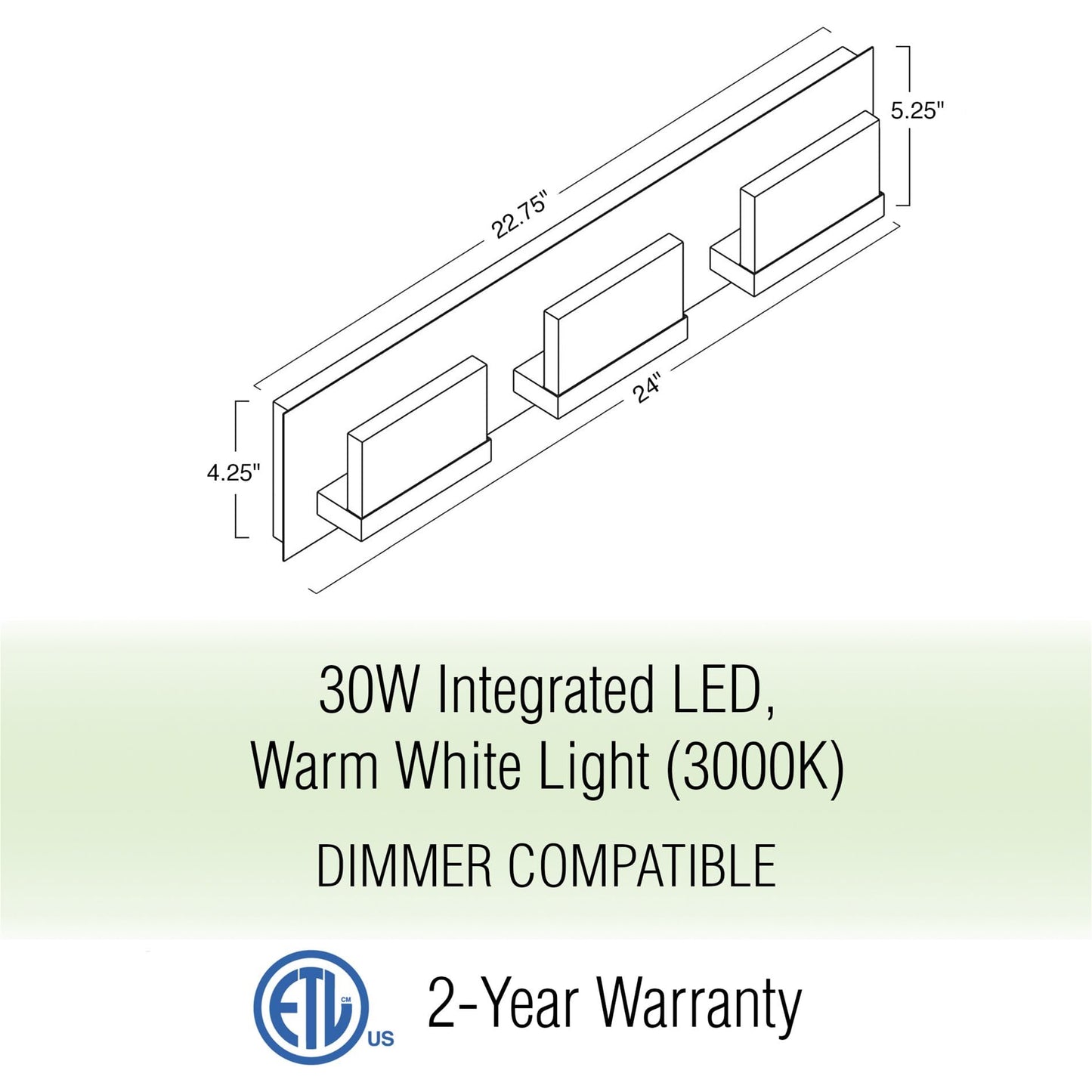 Kira Home 3-Light Bathroom Vanity Light, 24in, Brushed Nickel, Integrated LED, Model RV-WB9233-BN, Energy Efficient, 3000k Warm White