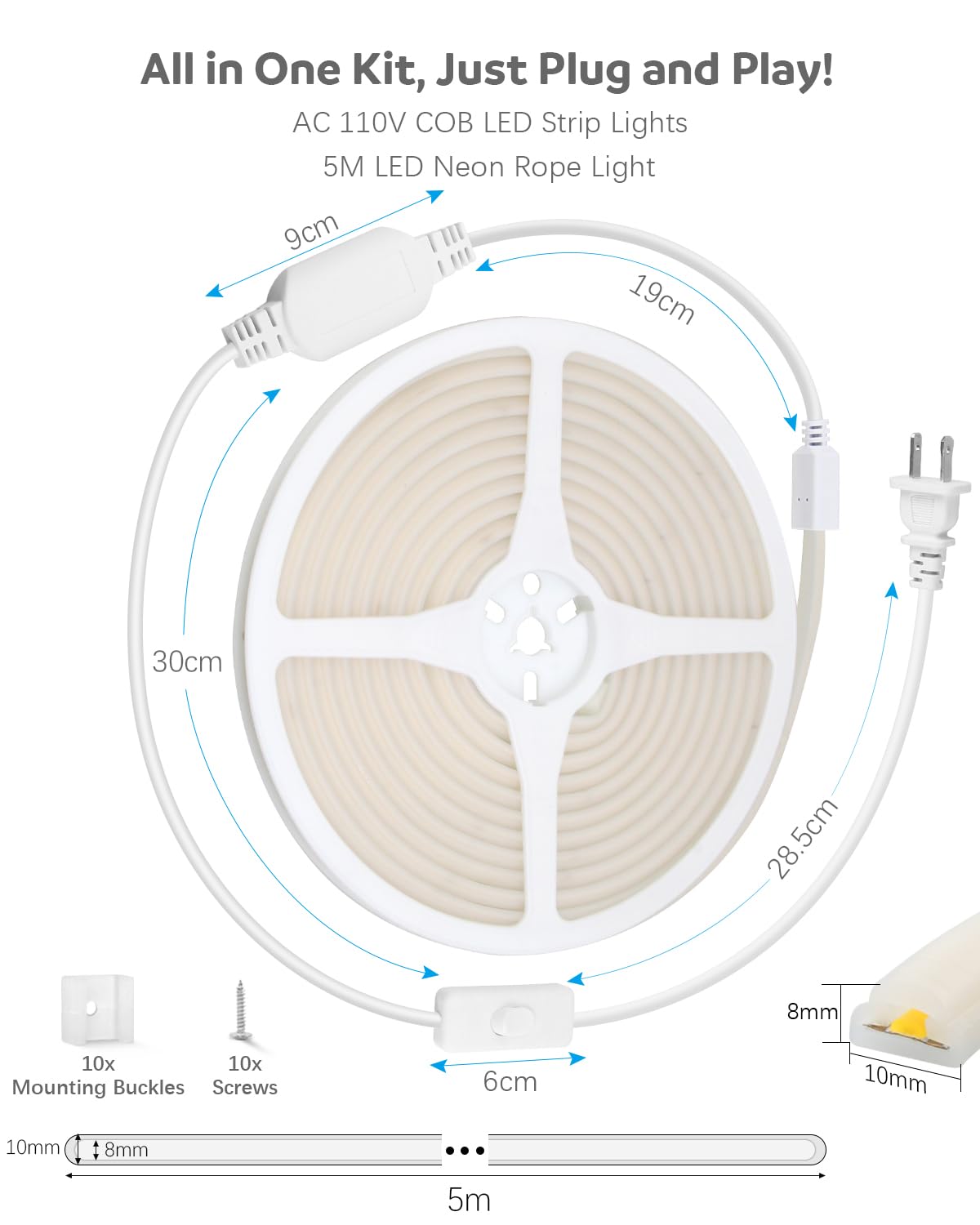 Alitove Cob Led Strip Light Outdoor Waterproof Ip67 Warm White 3000K 16.4Ft Ac 110V 120V Led Neon Rope Lights Super Bright 1440Leds Flexible Led Strip For Home Commercial Lighting(No Remote Dimmer)