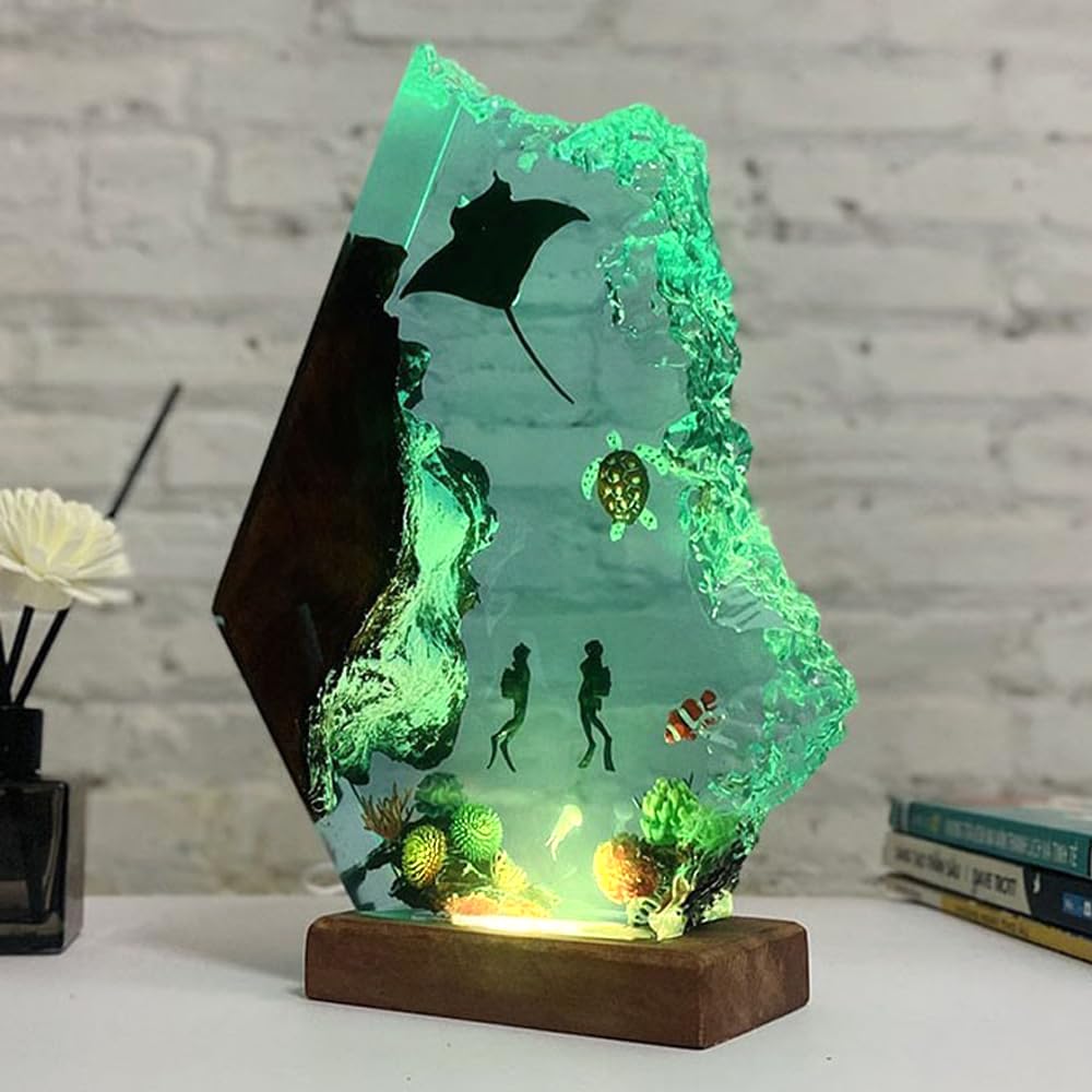 Nice Hera Handmade 3D Ocean Resin Lamp - Usb Powered Resin Ocean Night Light With Wooden Base  Variable Lights  Scuba Diver Gifts  Bedroom Decor  Unique Gifts For MotherS FatherS Birthday