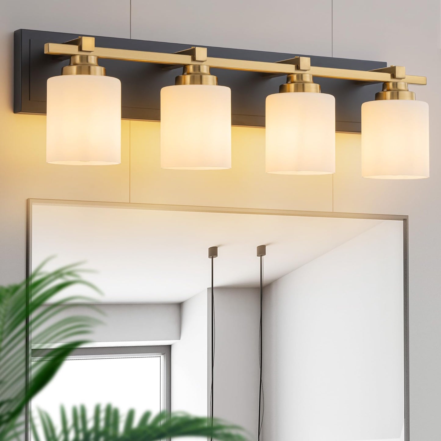 Brknit 4-Light Modern Bathroom Vanity Light Fixture, Black Gold With Milky White Glass Shades, E26 Socket, Model J0057-6-4T