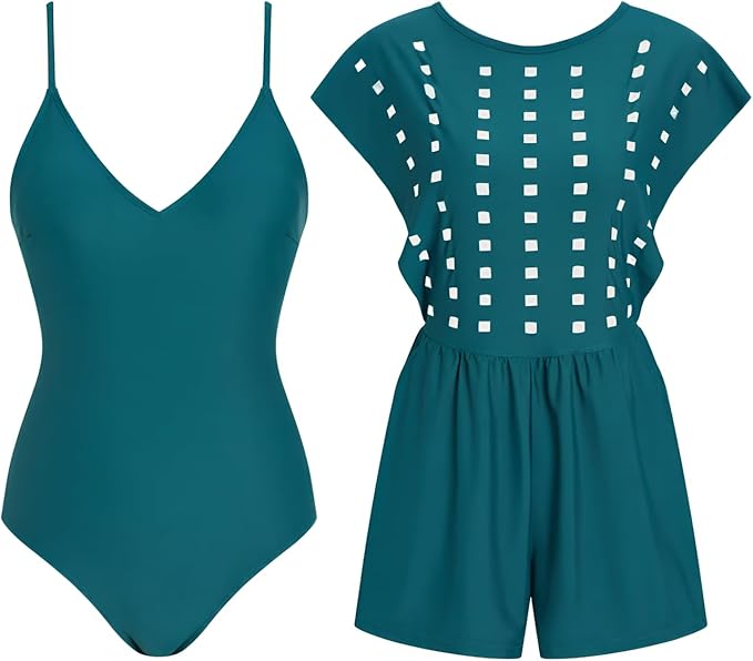 RIHOAS Womens Two-Piece Swimwear Cover Up with One Piece Bikini Built in Bra with Short Full Coverage Ruffle Swimsuit