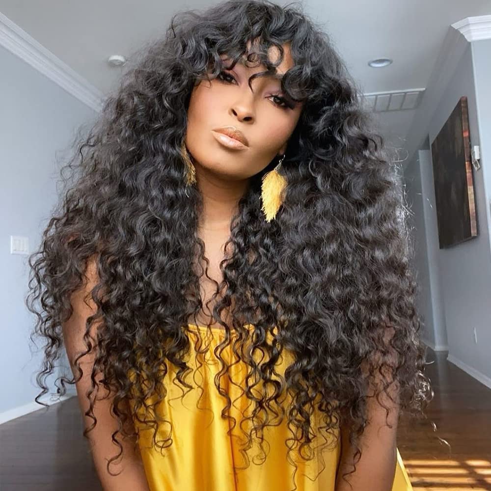 Curly Wig With Bangs Human Hair Brazilian Virgin Hair Wigs 180 Density Full Machine Made O Scalp Top Bang Wig Glueless Deep Wave
