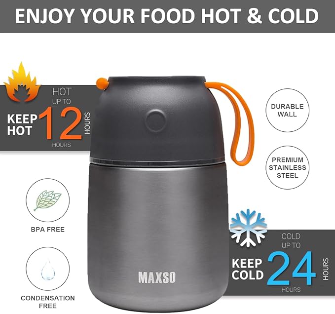 Itslife Insulated Thermo Food Jar for Hot & Cold Food for Kids Adult, 17&24 oz Soup Thermal Hot Food Containers for Lunch, Triple Layer Insulation Stainless Steel Food Jar with Spoon (2 Pack Grey)