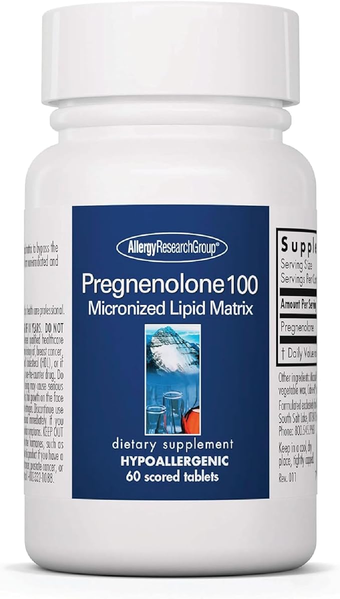 Allergy Research Group Pregnenolone Supplement - Progesterone Supplements, Hormone & Stress Support, Made from Non-GMO Wild Yam, Micronized Lipid Matrix, Plant-Sourced, 100mg Scored Tablets - 60 Count
