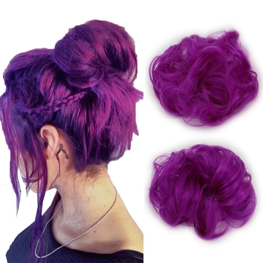 iLUU Women 's Thick Hair Bun 2PCS Purple Curly Wavy Updo Hair Bun Extensions Synthetic Heat Resistent Natural Fiber Messy Hairpi