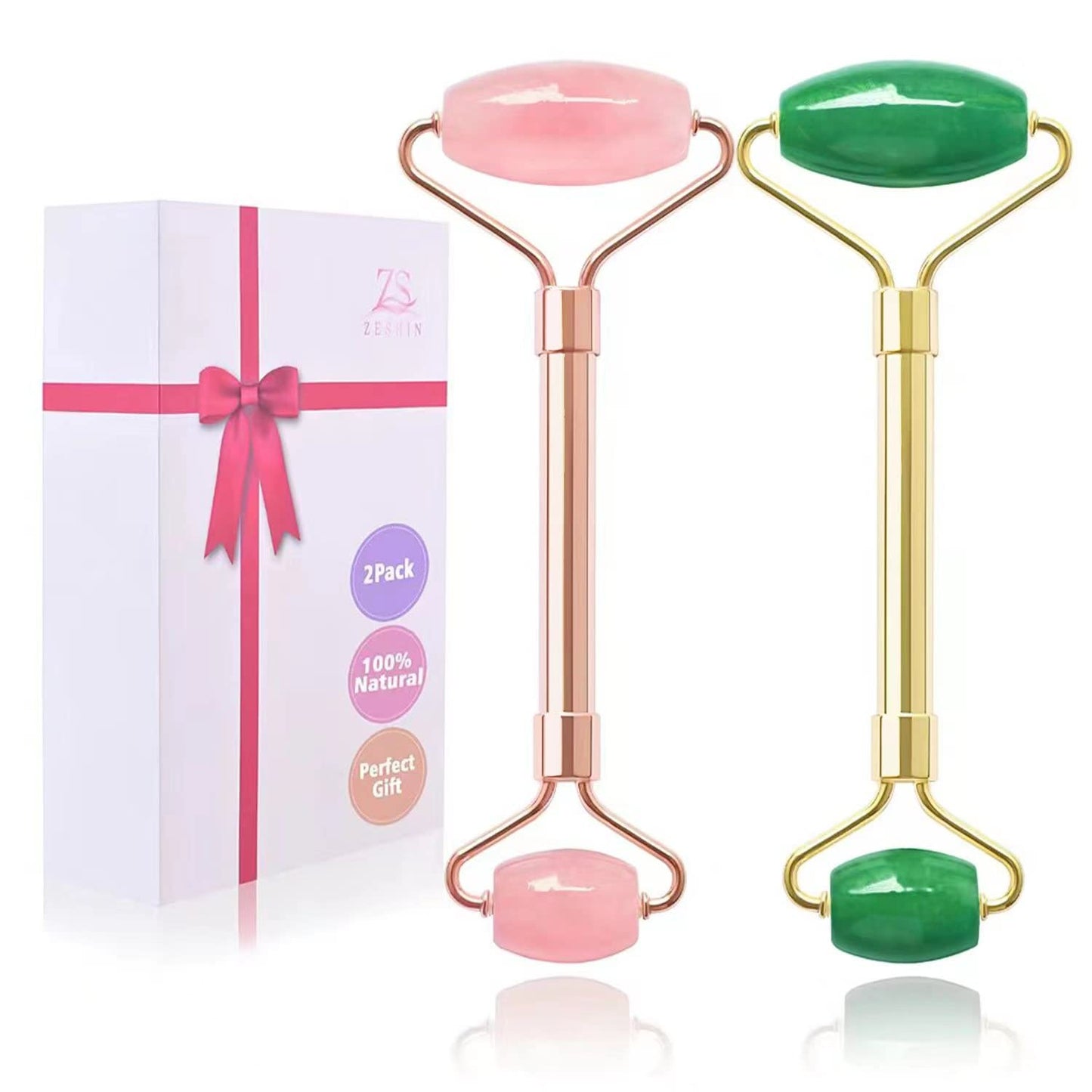 ZS ZESHIN 2 Pack Jade Facial Roller & Rose Quartz Face Roller for Wrinkles and Puffiness, Natural Jade Stone Face Massager Rolle