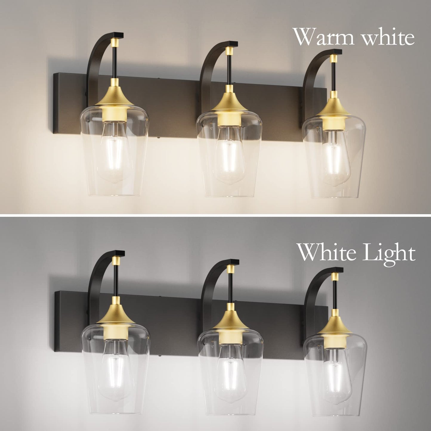 Ralbay Black/Gold Vanity Light Fixtures 3-Lights Industrial Black/Gold Bathroom Vanity Light With Clear Glass Vintage Edison Bathroom Wall Lighting Fixtures