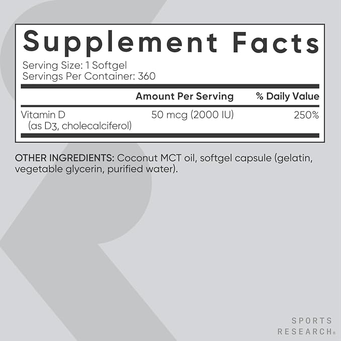 Sports Research® Vitamin D3 2000iu (50mcg) w/Coconut MCT Oil - High Potency Vitamin D Supplement for Immune & Bone Support - Gluten Free · Non-GMO · Soy Free – 360 Count Softgels